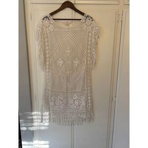 Sundance Crochet Lace Fringe Mini Dress Ivory White Boho Festival Coverup M/L